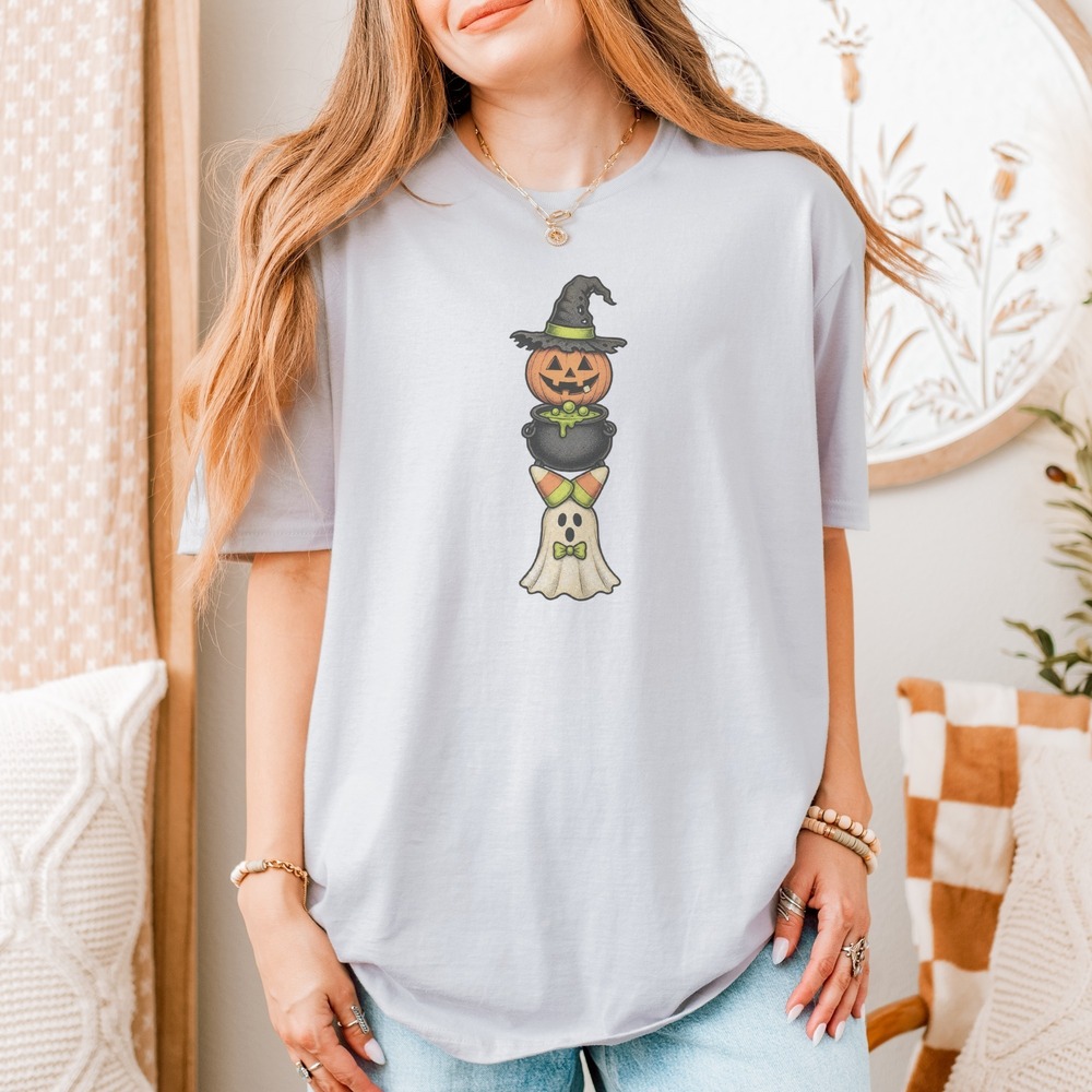 Halloween Totem Stacking Pumpkin Cauldron Ghost Tee